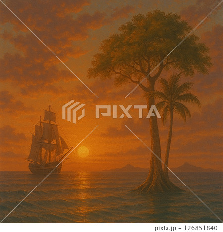 夕焼けの海に浮かぶ帆船と木々のシルエット 126851840
