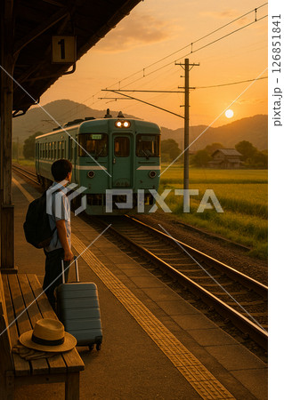 夏の田舎駅と到着する列車 126851841