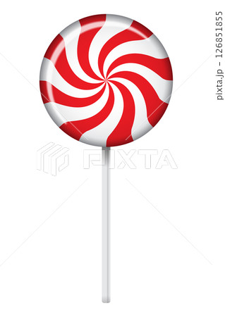 Striped lollipop on stick. Striped twisted candy. Illustration for new years day, winter holiday, dessert, new years event. Vector illustration 126851855