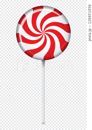 Striped lollipop on stick. Striped twisted candy. Illustration for new years day, winter holiday, dessert, new years event. Vector illustration Striped lollipop on stick. Striped twisted candy. Illustration for new years day, winter holiday, dessert, new years event. Vector illustration 126851856