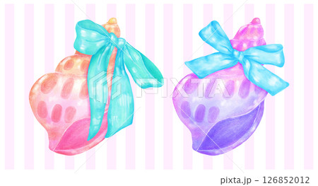 Coquette Summer Pastel Conch SeaShell with Ribbon Bow Watercolor set 126852012