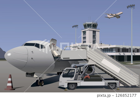 An airliner stands at the airport near the ramp. Vector An airliner stands at the airport near the ramp. Vector 126852177