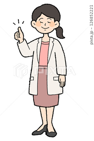 手描き風　サムアップの白衣を前開きで着た女性医師　スカートスタイル 126852221