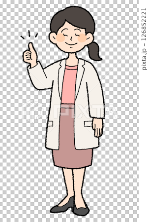 手描き風　サムアップの白衣を前開きで着た女性医師　スカートスタイル 126852221