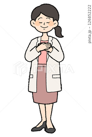 手描き風 両手を胸に当てる白衣を前開きで着た女性医師 スカートスタイル 手描き風 両手を胸に当てる白衣を前開きで着た女性医師 スカートスタイル 126852222