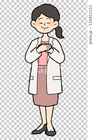 Hand-drawn style: Female doctor wearing white coat with open front and hands on chest, skirt style Hand-drawn style: Female doctor wearing white coat with open front and hands on chest, skirt style 126852222