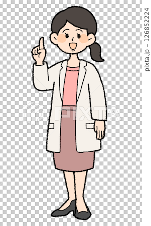 Hand-drawn style: Female doctor wearing white coat with open front and index finger up, skirt style 126852224