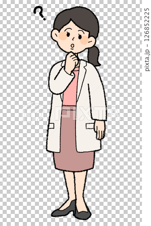 Hand-drawn style: Female doctor wearing a white coat with a question mark on it, open at the front, skirt style 126852225