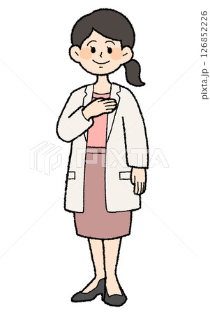 手描き風　片手を胸に当てた白衣を前開きで着た女性医師　スカートスタイル 126852226
