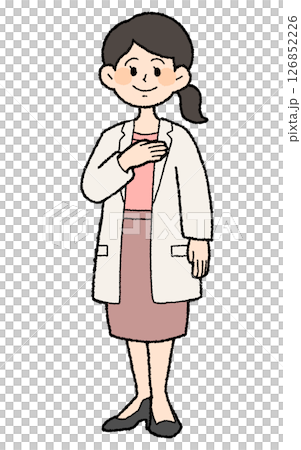 手描き風　片手を胸に当てた白衣を前開きで着た女性医師　スカートスタイル 126852226