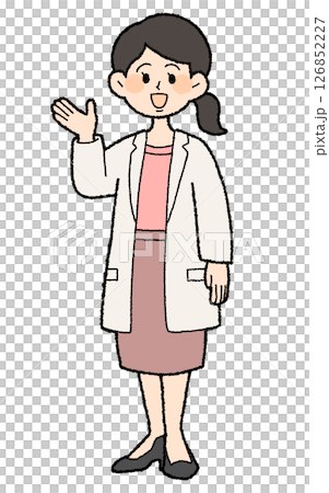 手繪風格:身穿白大褂、前襟敞開的女醫生,擺出「請」的姿勢,裙子風格 手繪風格:身穿白大褂、前襟敞開的女醫生,擺出「請」的姿勢,裙子風格 126852227