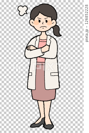 手繪風格:憤怒的女醫生穿著白大褂,前開前開,裙子風格 手繪風格:憤怒的女醫生穿著白大褂,前開前開,裙子風格 126852228