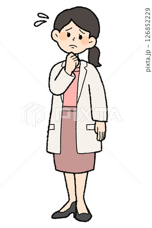 手描き風　困った白衣を前開きで着た女性医師　スカートスタイル 126852229