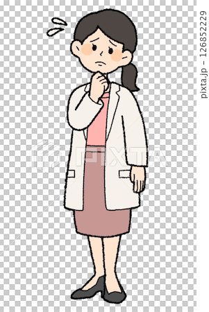 手繪風格:一位身穿麻煩的白大褂、前襟敞開的裙子式女醫生 手繪風格:一位身穿麻煩的白大褂、前襟敞開的裙子式女醫生 126852229