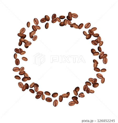 Roasted brown coffee beans round wreath or frame of beans arranged in a circle. Hand drawn illustration Roasted brown coffee beans round wreath or frame of beans arranged in a circle. Hand drawn illustration 126852245