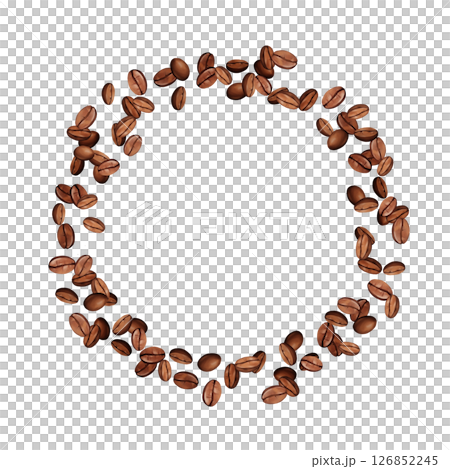Roasted brown coffee beans round wreath or frame of beans arranged in a circle. Hand drawn illustration Roasted brown coffee beans round wreath or frame of beans arranged in a circle. Hand drawn illustration 126852245