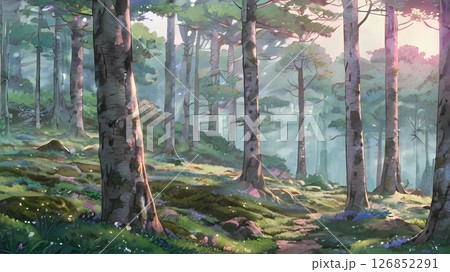 ゲーム背景　美しい朝焼けと静かな自然風景癒しの草原	 126852291