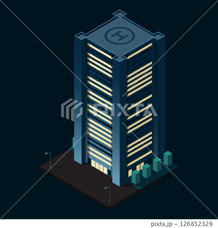 Isometric city building at night. Isometric modern building. Skyscraper building or business office. Vector illustration 126852329
