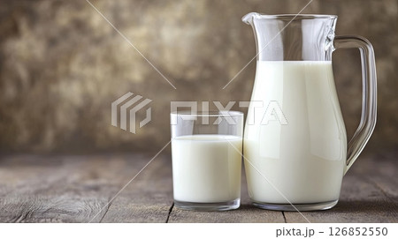 Large jug and glass of milk placed on a textured wood table, styled naturally for health and traditional dairy themes. 126852550