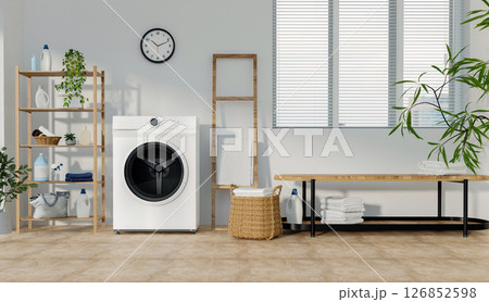 Laundry room design with modern appliances and organizational elements. 3D render illustration Laundry room design with modern appliances and organizational elements. 3D render illustration 126852598
