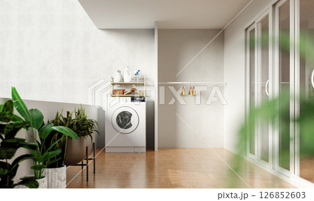 Home interior design with a modern laundry area featuring plants. 3D render illustration 126852603