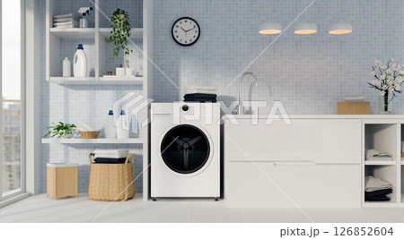 Stylish laundry space featuring modern washing machine and fresh decor. 3D render illustration 126852604