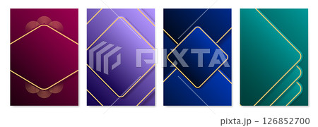 Set of vintage abstract posters. Red, purple, blue and teal backgrounds. Gold lines, rounded geometric frames. Premium luxury art deco, classic antique background templates, elegant cards 126852700