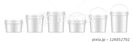 White plastic buckets with handle and lid. Vector mockup of a food or building mixtures packaging. A bucket of paint or putty. Small, medium and large sizes 126852702