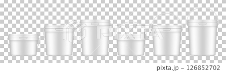 White plastic buckets with handle and lid. Vector mockup of a food or building mixtures packaging. A bucket of paint or putty. Small, medium and large sizes 126852702