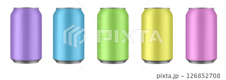 Set of pink, yellow, green, blue and purple tin cans of energy drink, juice or soda. Cocktail of fitness drink. Cold beverages Set of pink, yellow, green, blue and purple tin cans of energy drink, juice or soda. Cocktail of fitness drink. Cold beverages 126852708