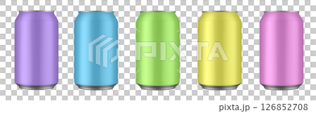 Set of pink, yellow, green, blue and purple tin cans of energy drink, juice or soda. Cocktail of fitness drink. Cold beverages 126852708