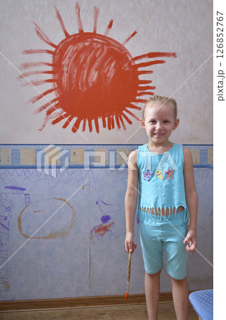 Child's Creative Wall Art Featuring Giant Red Sun Child's Creative Wall Art Featuring Giant Red Sun 126852767