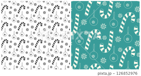 Freehand Striped Candy Cane Christmas toys and Snowflakes Ink and Chalk effect Seamless Pattern Set 126852976