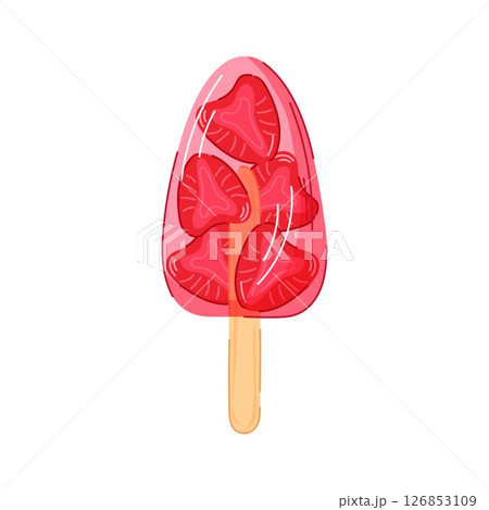 Strawberry popsicle ice cream with fruit slice inside on wooden stick in cartoon style isolated on white background. Ideal for summer design, recipe book or cafe. Strawberry popsicle ice cream with fruit slice inside on wooden stick in cartoon style isolated on white background. Ideal for summer design, recipe book or cafe. 126853109