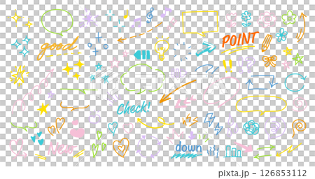 手描きの装飾セット。かわいい線画。ふきだし、矢印、星、ハートなど。ペンで描いた感情のアイコン。 126853112