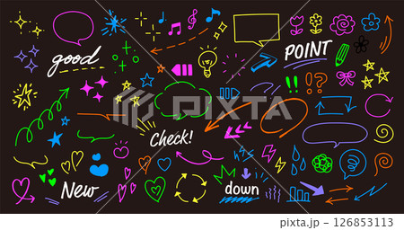 手描きの装飾セット。かわいい線画。ふきだし、矢印、星、ハートなど。ペンで描いた感情のアイコン。 126853113