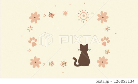 猫と足跡と小花が囲む暖色系の癒し系フレーム素材 126853134