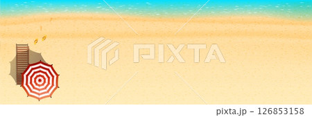 Top view of tropical beach with red striped umbrella wooden sun lounger and flip flops on golden sand with turquoise ocean waves and wide empty space for text or design Top view of tropical beach with red striped umbrella wooden sun lounger and flip flops on golden sand with turquoise ocean waves and wide empty space for text or design 126853158