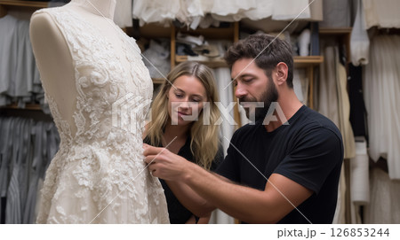 Professional wedding dress fitting session in elegant bridal boutique 126853244