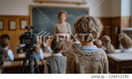 Traditional classroom setting with educational technology documentation 126853280