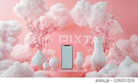 Pastel background 3D mockup of an iPhone floating among glowing lip gloss bottles and magical sparkles Beauty-Themed Tech Decor Home-Inspired Ambient Scenes Pastel background 3D mockup of an iPhone floating among glowing lip gloss bottles and magical sparkles Beauty-Themed Tech Decor Home-Inspired Ambient Scenes 126853324