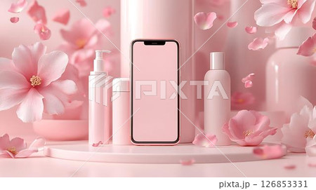 Pastel background 3D mockup of an iPhone floating among glowing lip gloss bottles and magical sparkles Beauty-Themed Tech Decor Home-Inspired Ambient Scenes 126853331