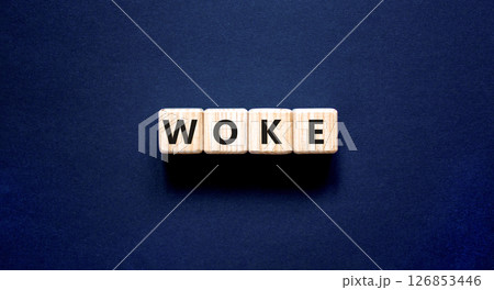 Woke question symbol. Concept word Woke question on beautiful wooden blocks. Beautiful black table black background. Business, lifestyle, support and woke question concept. Copy space. 126853446