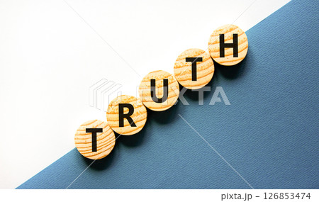 Truth symbol. Concept word Truth on beautiful wooden circles. Beautiful white and blue background. Business lifestyle truth concept. Copy space. 126853474