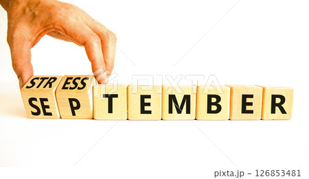 September is Stresstember symbol. Concept words September is Stresstember on beautiful wooden blocks. Beautiful white table white background. Business September is Stresstember concept. Copy space. September is Stresstember symbol. Concept words September is Stresstember on beautiful wooden blocks. Beautiful white table white background. Business September is Stresstember concept. Copy space. 126853481