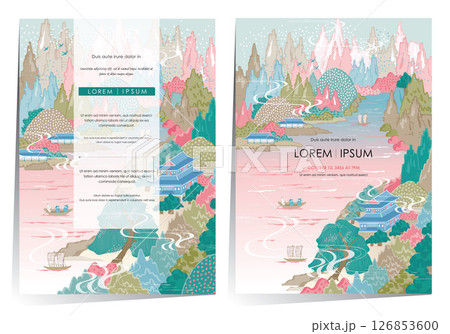 Modern Korean Mountain and River Landscape Vector Illustration Template set 	 126853600