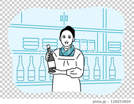 Illustration of a female proprietress of a small restaurant wearing an apron 126853604