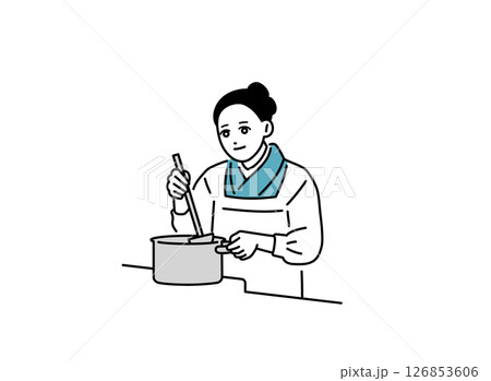 鍋を混ぜる割烹着を着た小料理屋の女将のイラスト 126853606