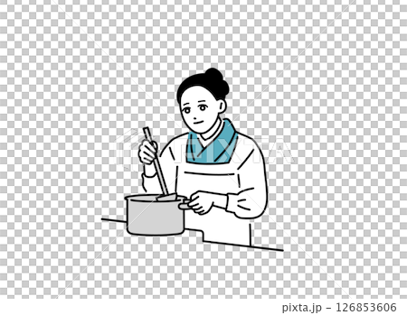 鍋を混ぜる割烹着を着た小料理屋の女将のイラスト 126853606