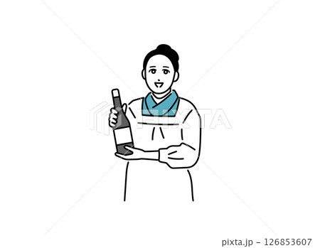 酒瓶を持つ割烹着を着た小料理屋の女将のイラスト 126853607
